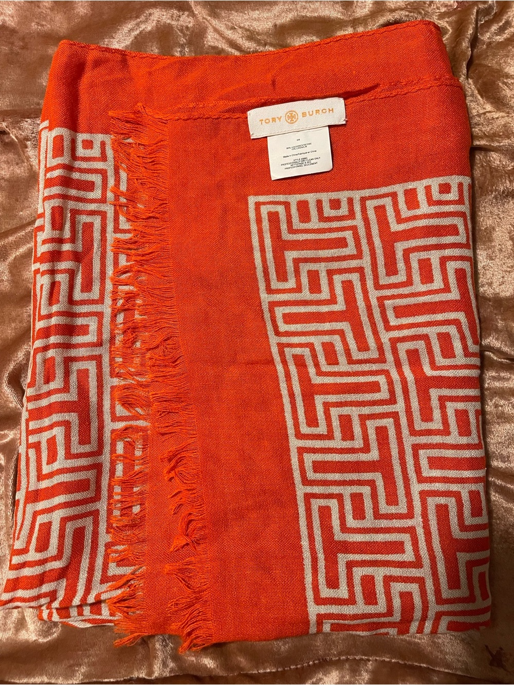 Tory Burch T-Tile Logo Wrap Scarf Sarong Orange/Ivory - 90% Viscose 10% Linen